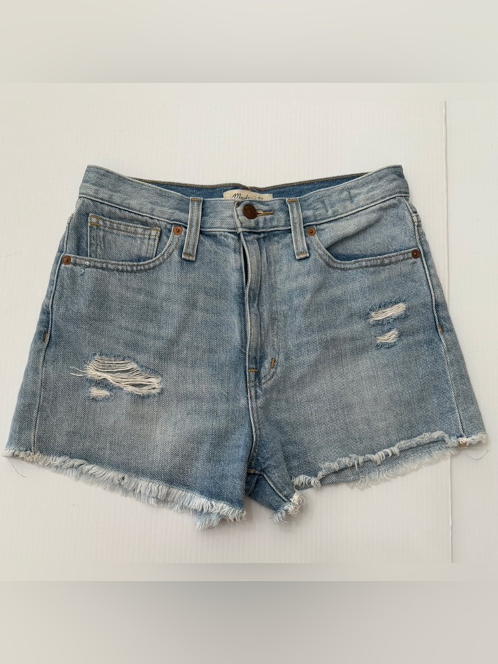 Madewell The Momjean Jean Shorts Light Blue Distressed Denim Cutoff Shorts - 25